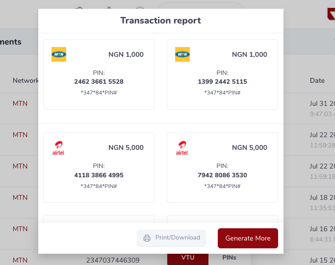 Airtime PIN generation
